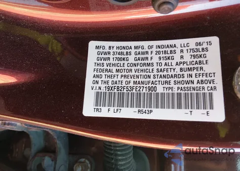 2015 Honda Civic Lx z USA, uszkodzony, nr VIN 19XFB2F53FE271900